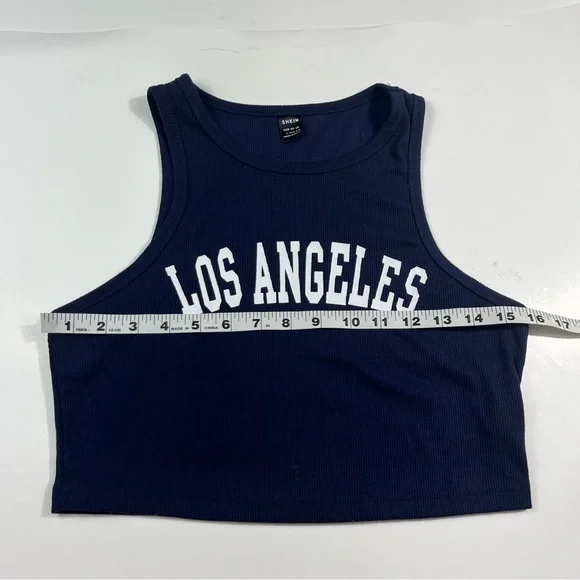 SHEIN Los Angeles Navy Cropped Racerback Spellout Collegiate Graphic Tank Top L - Picture 6 of 6